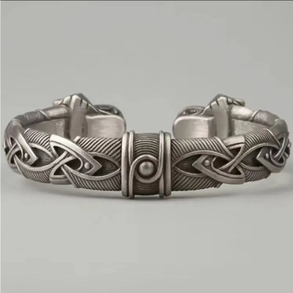Silver Wolf Head Viking Norse Knotwork Cuff Bangle Bracelet